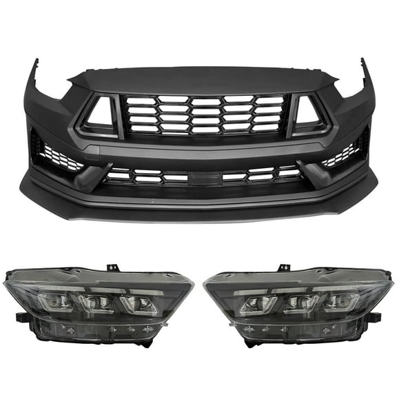 Ikon Motorsports Front Bumper Covers Compatible with 2015-2017 Ford Mustang V6 EcoBoost GT 2024  Dark Horse Handling Package Unpainted PP Replacement Bumper Conversion With Switchback Headlights