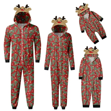 

Genuiskids Christmas Family Matching Jumpsuit Pajamas Parent-child Hooded One-piece Sleepwear Elk Snowflake Print Zip Up Pjs