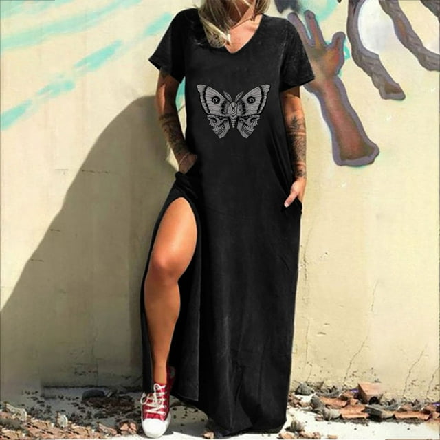 SMihono Robe Maxi Bohème d'Été pour Femmes Grande Taille Robe Décontractée Imprimée Col Rond Manches Courtes Longue Fendue avec Poche Robe de Plage