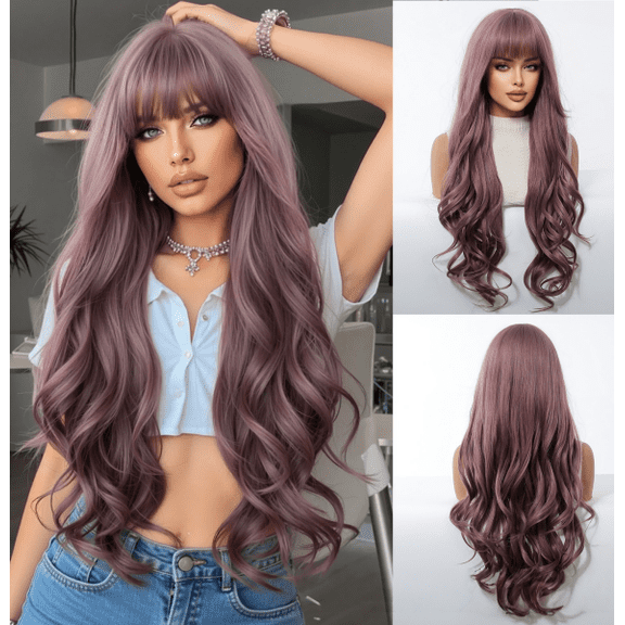 Mictong 28 inch long curly bangs wig, natural fluffy wavy wig, fashionable and cute bangs wig, soft high-temperature silk bangs wig, suitable for cosplay, 1 piece, Light purple