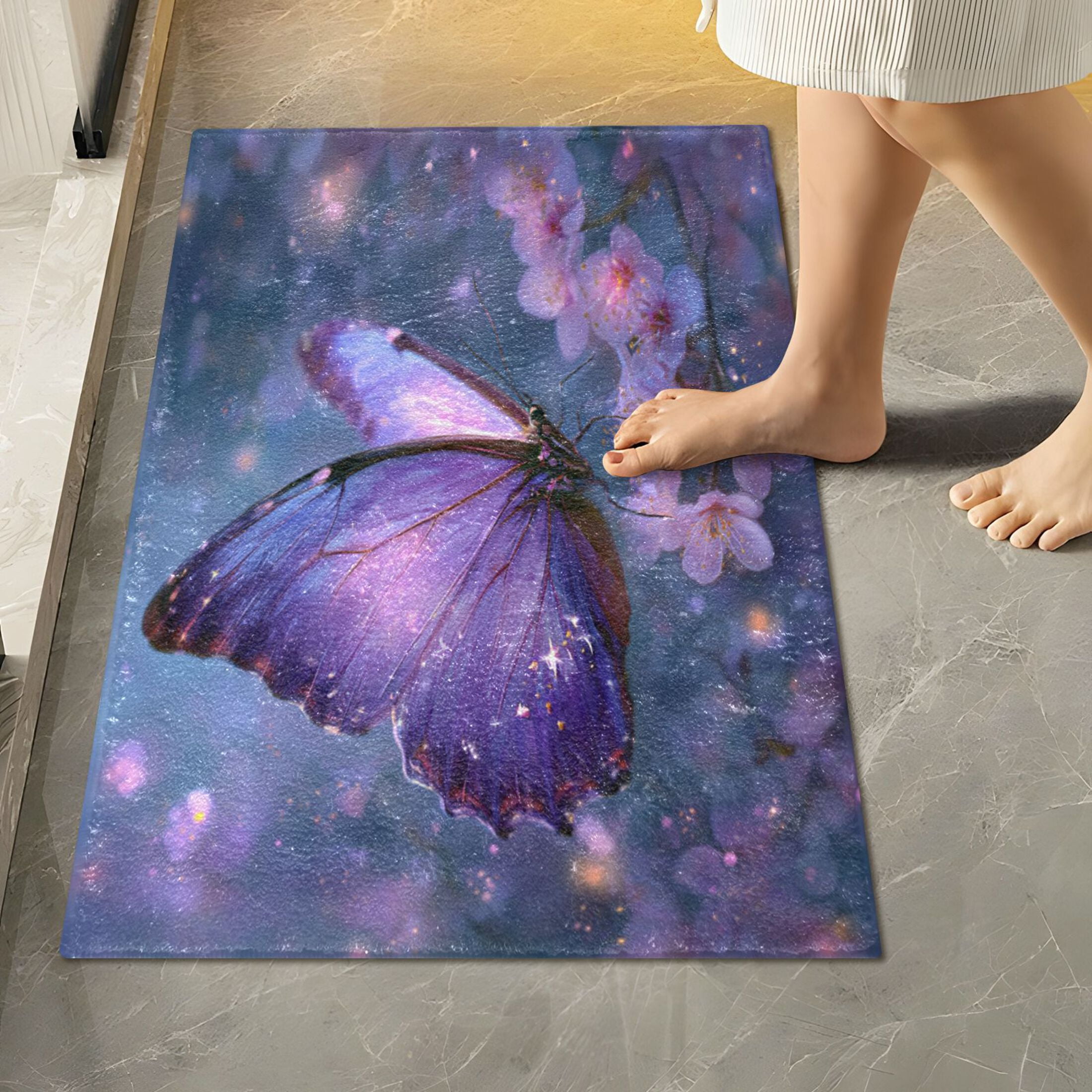 Wobogo Sakura Purple Butterfly U-Shaped Toilet Bath Mat Set Super Soft Absorbent Quick Dry Memory Foam Non Slip Bathroom Rugs for Tub Shower and Single Sink