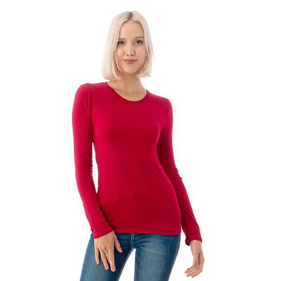 Simply Fashion Basic Round Crew Neck Long Sleeve T-Shirts - Stretch Cotton Spandex Red-Large