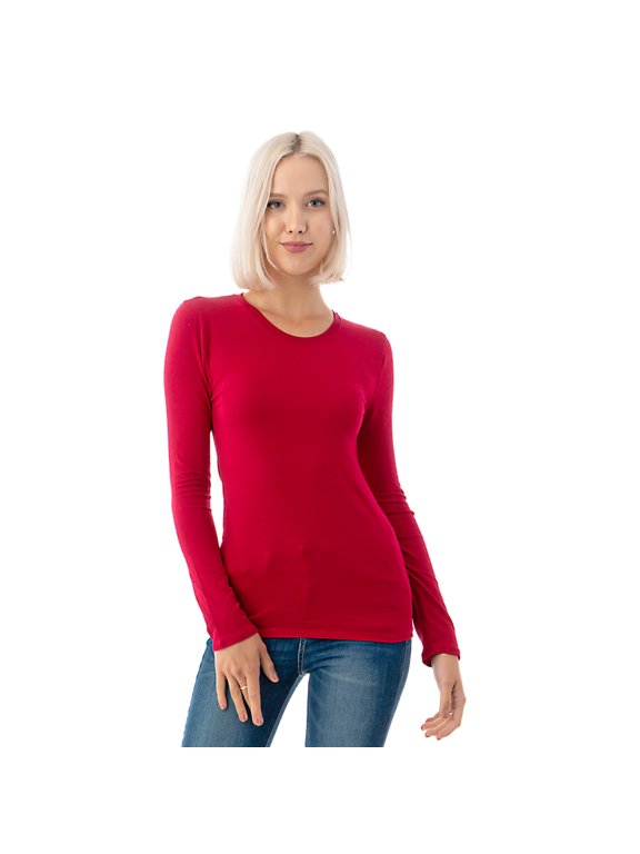 Basic Round Crew Neck Long Sleeve T-Shirts - Stretch Cotton Spandex Red-Large