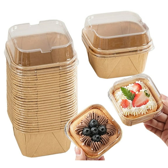 Bexikou 20 Pcs 5 oz Square Baking Cups with Clear Lid,Kraft Paper Mini Cake Pans,Square Cupcake Cups,Mousse Cake Liner, Disposable Dessert Container for Souffle Wedding Birthday Party Picnic