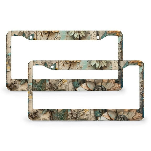 License Plate Frame Colorful Flowers, Butterflies And Love License Plate Cover Front Plates Frames Car Tag Frame 2 PCS Vintage Flower Butterfly Stainless Aluminum License Plate Cover for Women Men