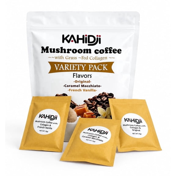 KAHIDJI Instant Mushroom Coffee with Grass-Fed Collagen, Variety Pack – 15 Sachets , Original, Caramel Macchiato & French Vanilla Flavors