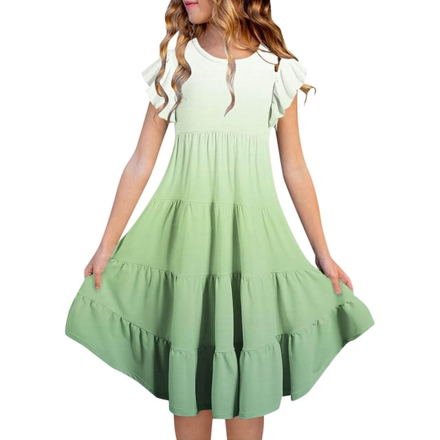Robe d'Été Dégradée pour Filles à Double Couche avec Manches à Volants, Robe Midi Décontractée et Confortable pour 6-15 Ans