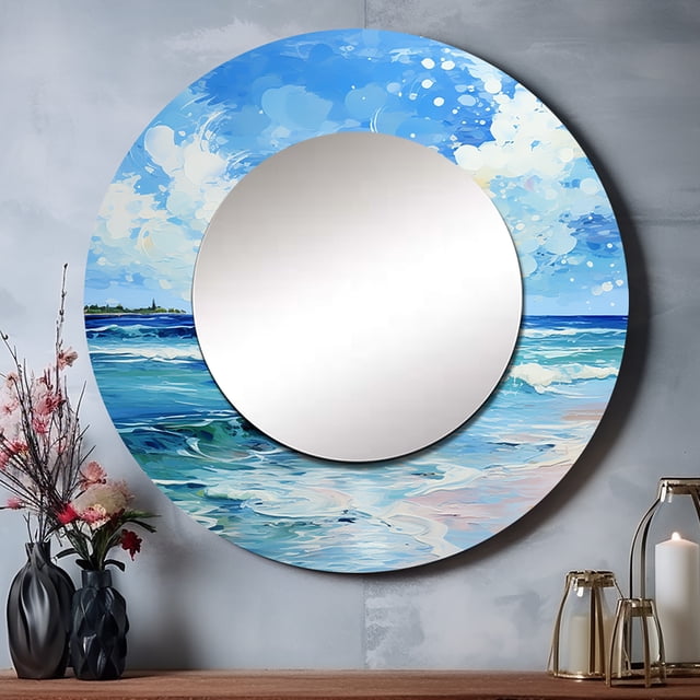 Designart "Breezy Beach Relaxation III" Plage & Océan Teal Grand Miroir Rond - Miroir Mural Rond Décor - Miroir Imprimé Côtier Rond 23 Pouces x 23 Pouces Pouces
