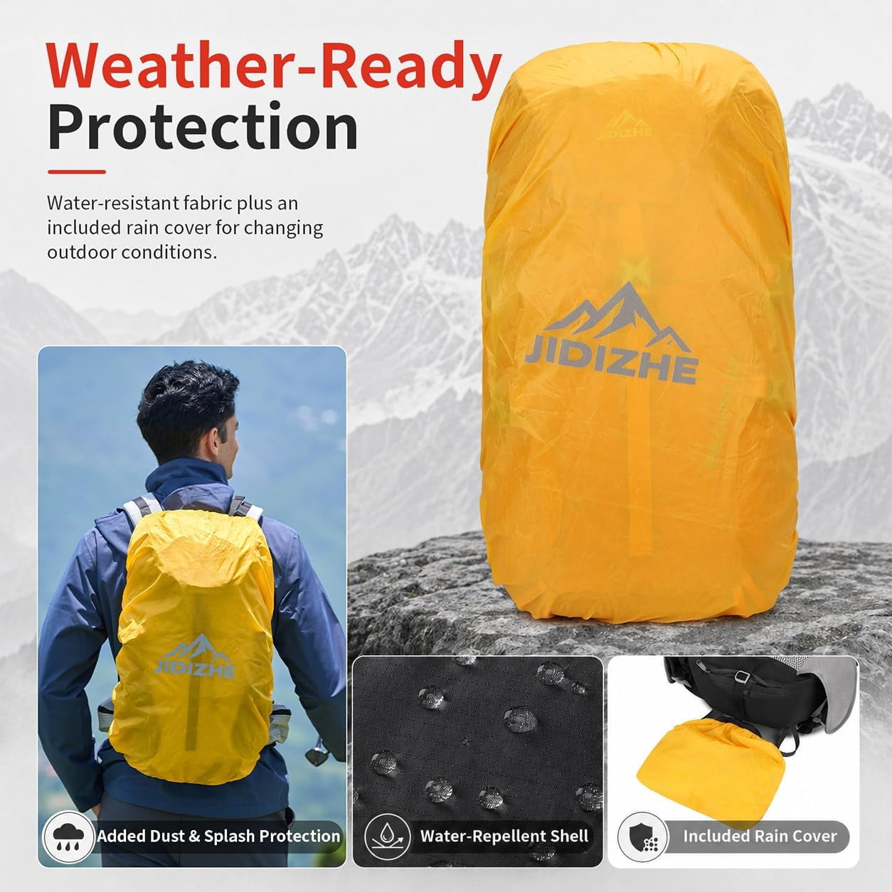 JIDIZHE 32L Hiking Backpack with Internal Frame and Rain Cover, Lightweight Pack Equipped with Adjustable Chest Strap, Breathable Unisex Daypack for Hiking, Camping and Travel，Black