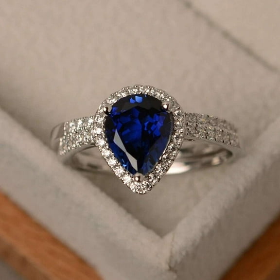 3CT Blue Sapphire 925 Silver Engagement Wedding Ring 14k White Gold Plated