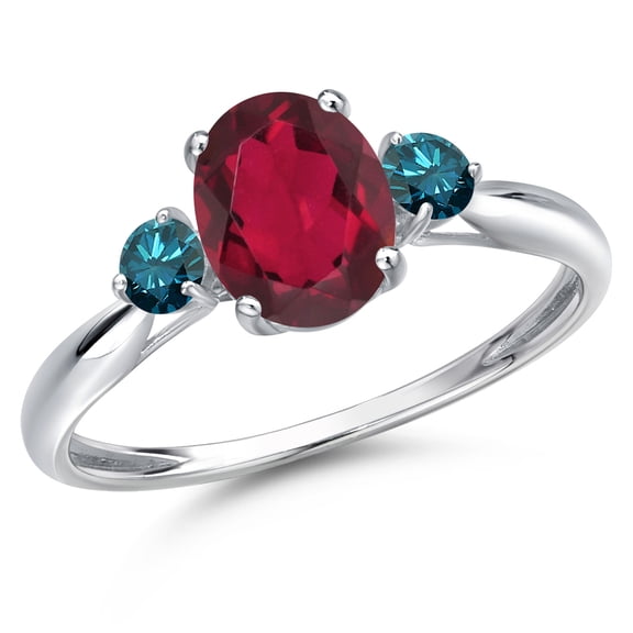 Gem Stone King 10K White Gold Ruby Red Mystic Topaz and Blue Diamond 3-Stone Ring for Women | 1.50 Cttw | Oval 8X6MM | Gemstone November Birthstone | Size 7