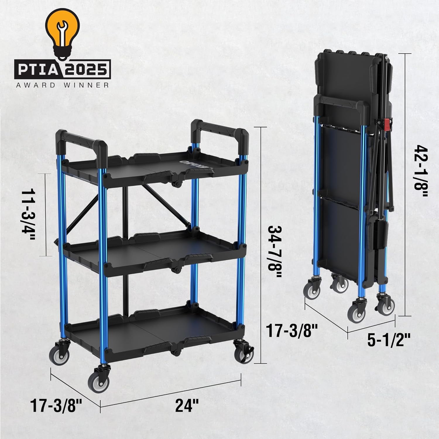 3-Tier Collapsible Service Cart, 210 LBS Foldable Utility Service Cart with Wheels, Portable Tool Cart for Garage, Warehouse, Home, Restaurant, Office (No Assembly Required)