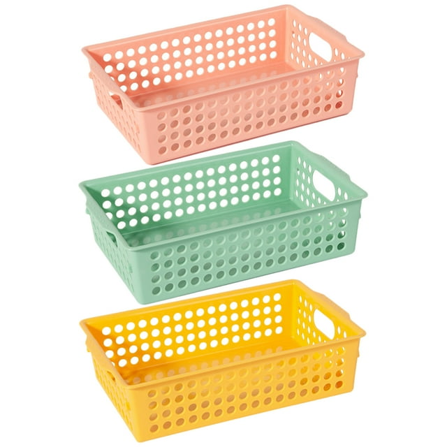 Cesta de almacenamiento de plástico de 3 piezas, organizador de escritorio, bandeja con asa, cesta de frutas