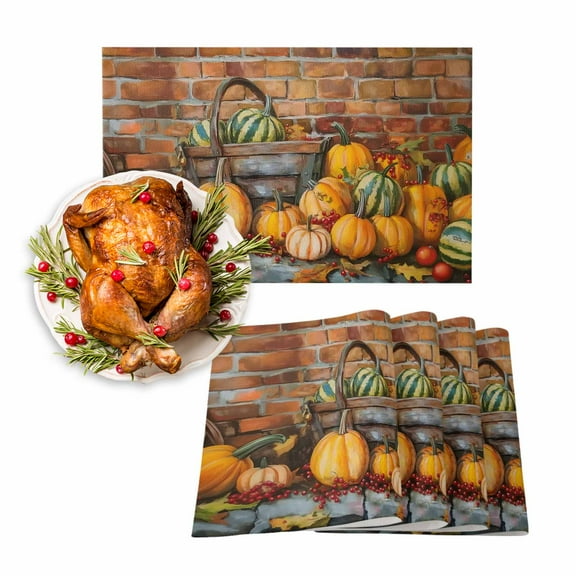 Fall Placemats Set of 6 Autumn Harvest Pumpkin Place Mats Thanksgiving Placemat Berry Wood Grain Table Mats for Dining Kitchen Table Holiday Dinner Party Home Fall Decorations 13x19 Inch