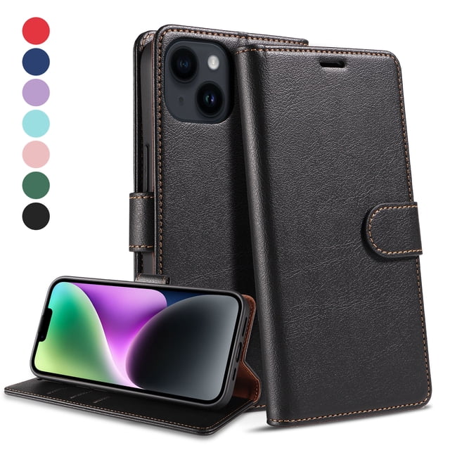 (Negro) Funda de cuero magnética para iPhone 14 ProMax, funda de TPU a prueba de golpes, funda tipo billetera de cuero PU, ranura para tarjetas, cierre magnético
