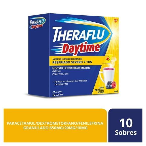 Té antigripal Theraflu Daytime Paracetamol, Dextrometorfano sabor frutos del bosque 10 sobres