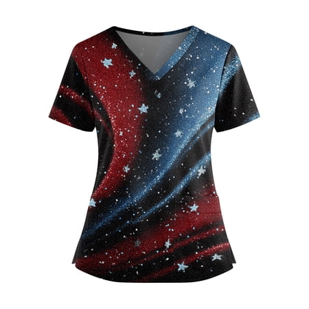 250th Anniversary USA Scrub Tops for Women 4th of July Patriotic Soft Stretch V-Neck Medical Scrub Tops with Pockets 02-Royal Blue XL