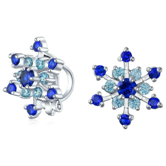 Bling Jewelry Womens Christmas Party CZ Aqua Star Snowflake Clip-On Earrings Silver Plated