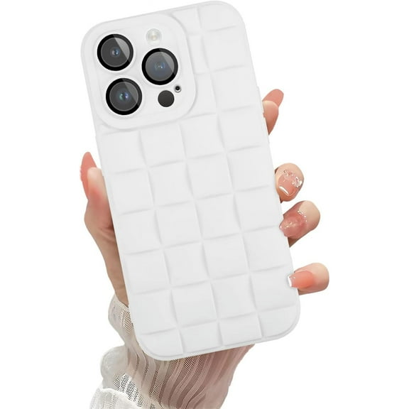 Compatible with iPhone 14 Pro Case with Camera Lens Protector, Cute 3D Plaid Design iPhone 14 Pro Phone Case for Women Girls, Soft TPU Shockproof Protective Cover 14 Pro White
