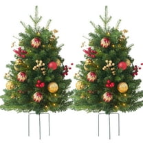 Artificial Christmas Urn Filler, Christmas Planter, 16 Inch Outdoor Christmas Tree with 30 LED Lights and Ornaments, 8 Lighting Modes, Timer Function, Wireless Battery Operated, Metal Ground Stakes