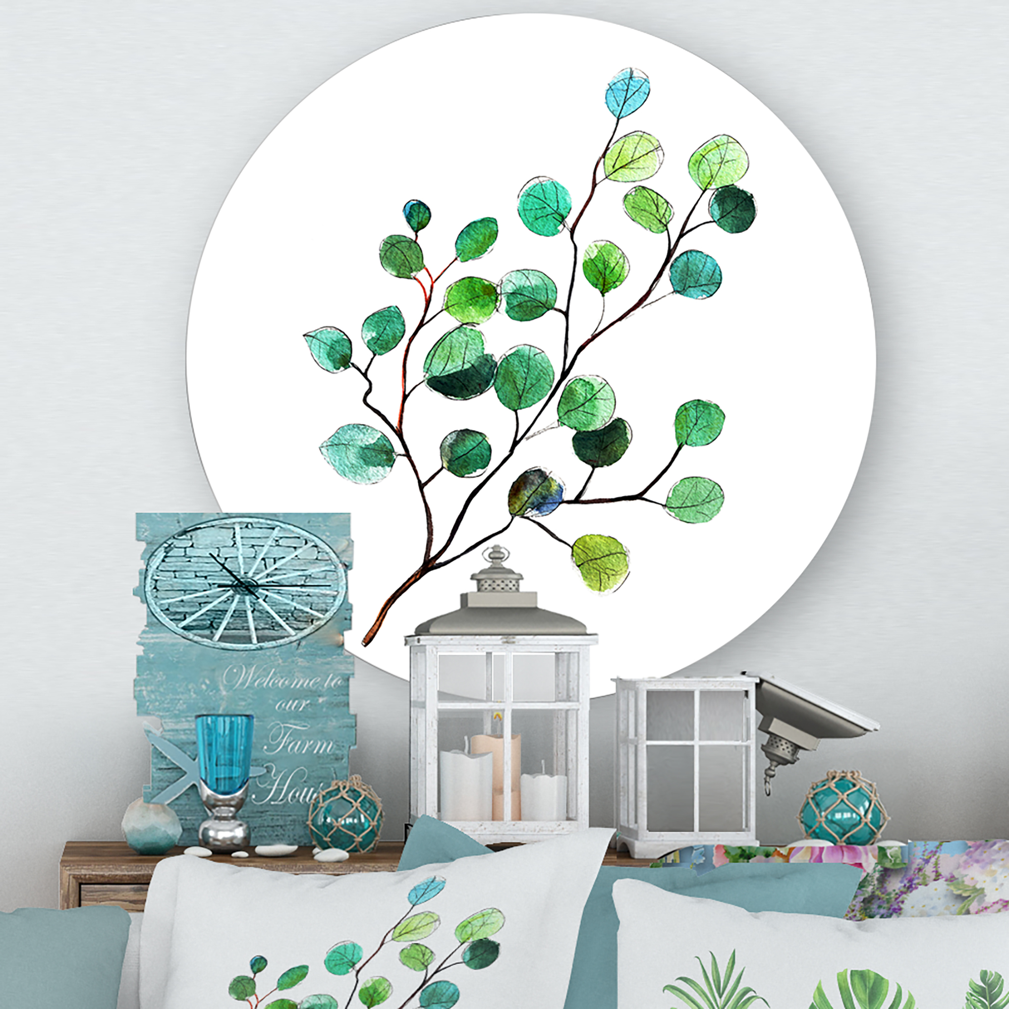 Designart 'Young Eucalyptus Branches and Leaves IV' Traditional Circle Metal Wall Art 23x23 - Disc of 23