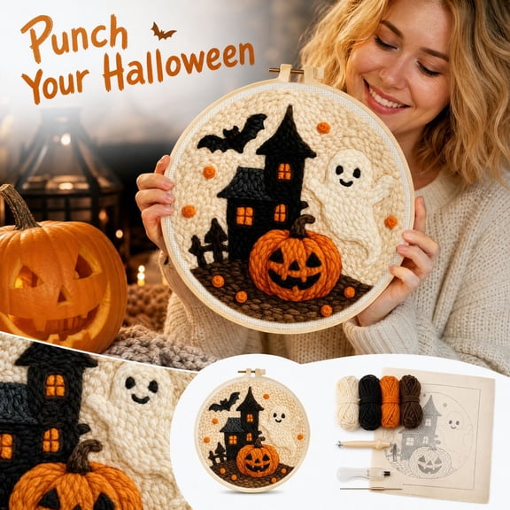 Halloween Punch Needle Embroidery Kit with Wooden Hoop and Yarn, Diy Ghost and Pumpkin Design, Craft Kit for Adults, Wall Hanging Decoration