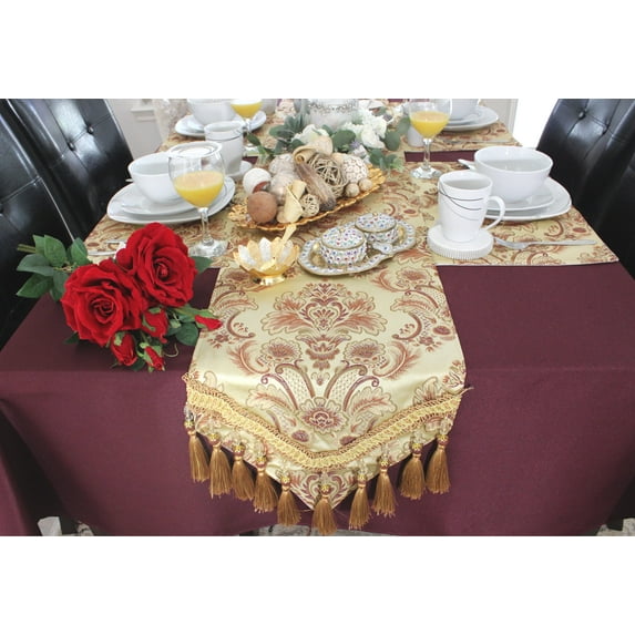 Tulla Traditional Floral Design Table Runner with multi Tassels, Embroidery Print Table Runner and Table Mat. Polyester Cotton Material