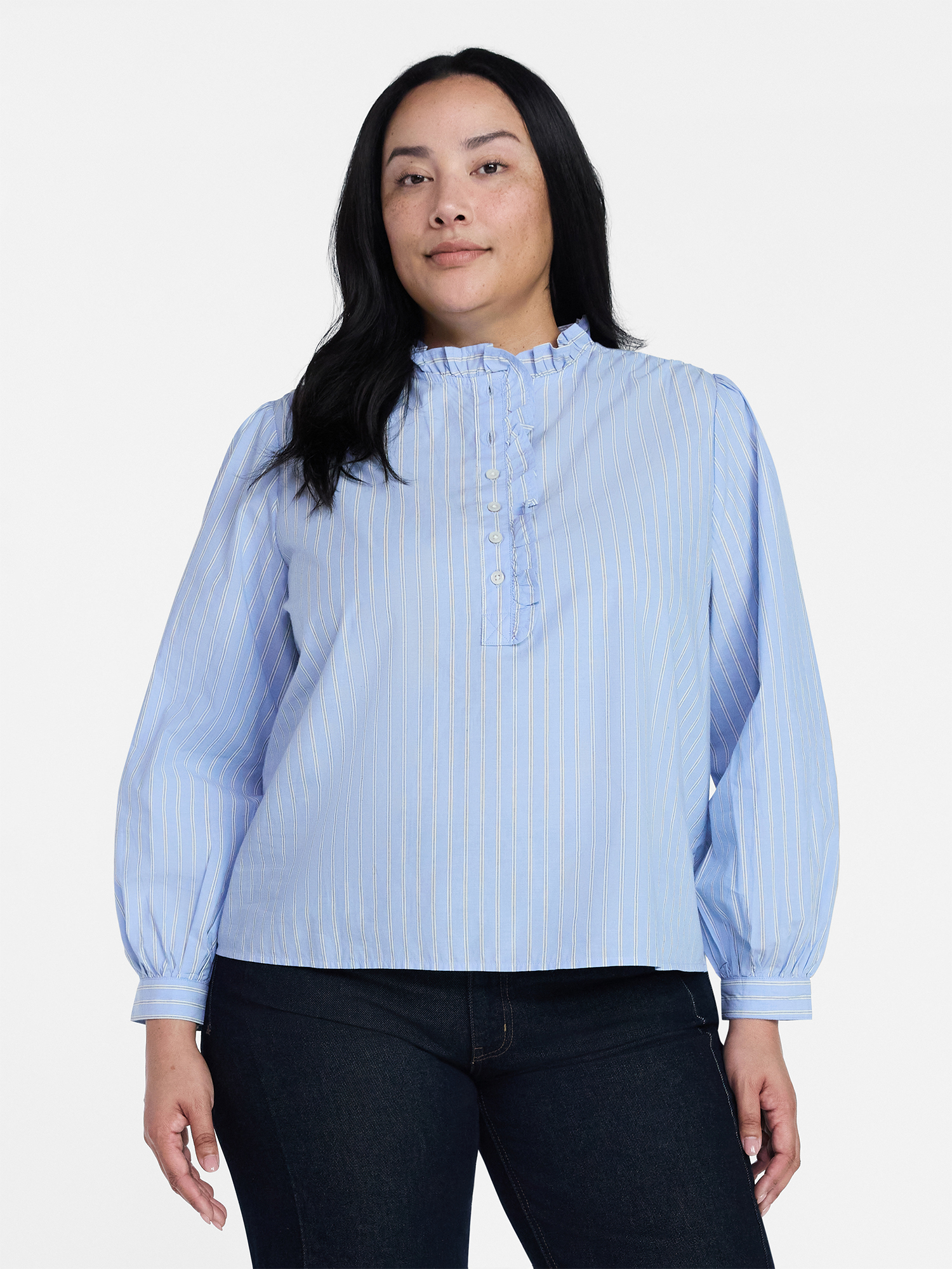 Time and Tru Women's Long Sleeve Ruffle Neck Button Down Top