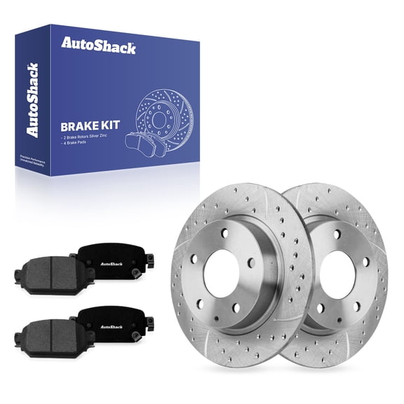AutoShack Rear Solid Drilled & Slotted Silver Zinc Coated Brake Rotors   Premium Ceramic Pads 6-PC Brake Kit Replacement for 2017-2018 Mazda 3 2019-2022 Mazda CX-3 SilverShield Pro 10.43" (265 mm)