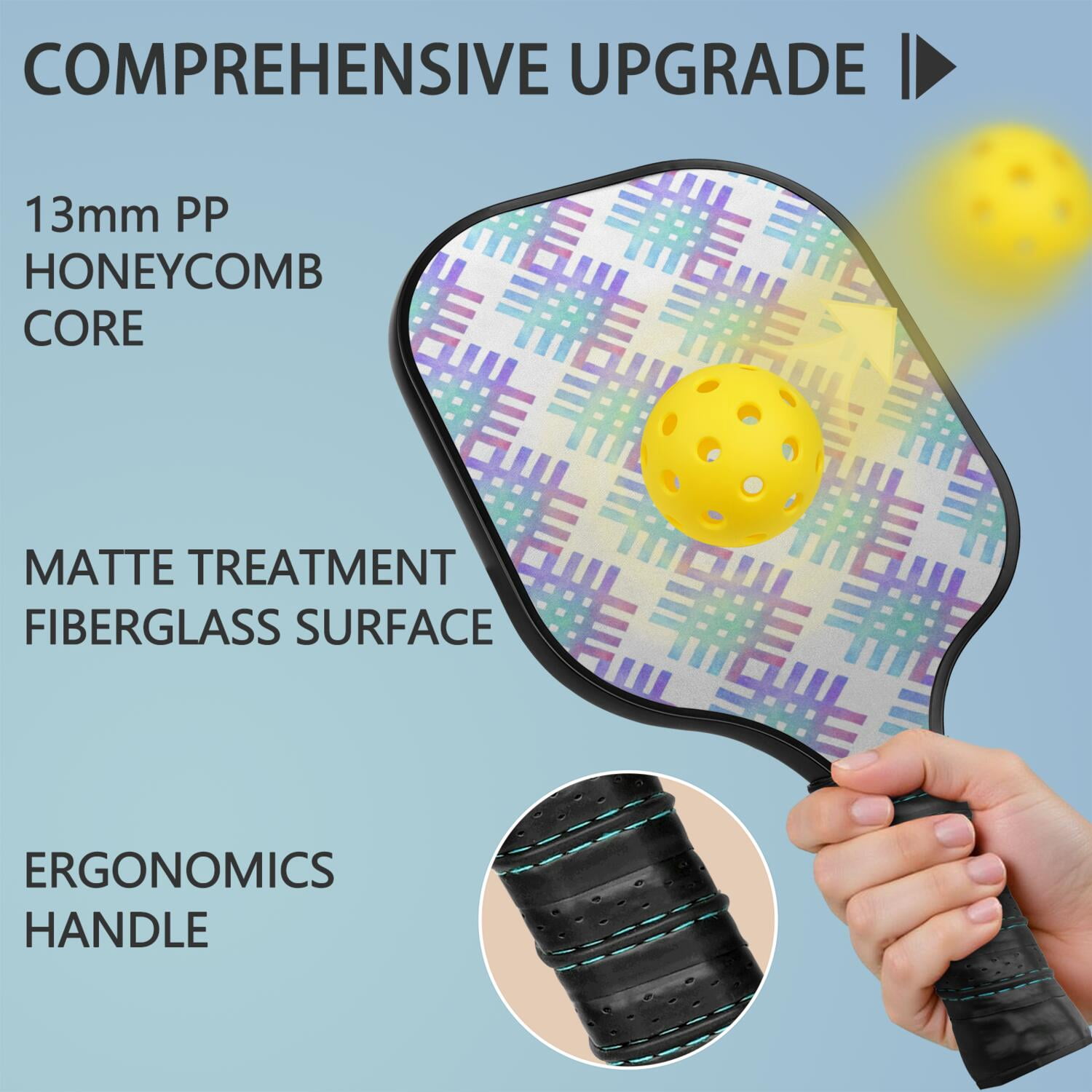 Pickleball Paddles Set Of 1, Fiberglass Surface, Colorful Lines Print, 1 Paddle, 2 Balls & Bag