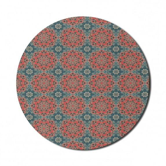 Mandala Mouse Pad for Computers, Culture Inspired Middle Eastern Motifs Checkered Pattern, Round Non-Slip Thick Rubber Modern Gaming Mousepad, 8" Round, Dark Coral Slate Blue, by Ambesonne