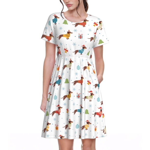 Balery winter Snowflake Dachshund Vestidos sueltos de manga corta para mujer, vestidos de verano 2025, vestidos casuales de corte A con vuelo.