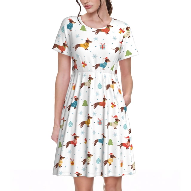 Disketp winter Snowflake Dachshund para Vestido de Manga Corta para Mujeres, Vestidos de Verano para Mujeres, Casual y Holgado para la Playa