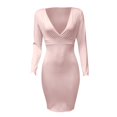 thumbnail image 3 of Women Dresses Plus Solid Long Sleeved V-neck Pleated Dresses Sexy Fashion Dresses Pink Trendy Skirt Size L, 3 of 6