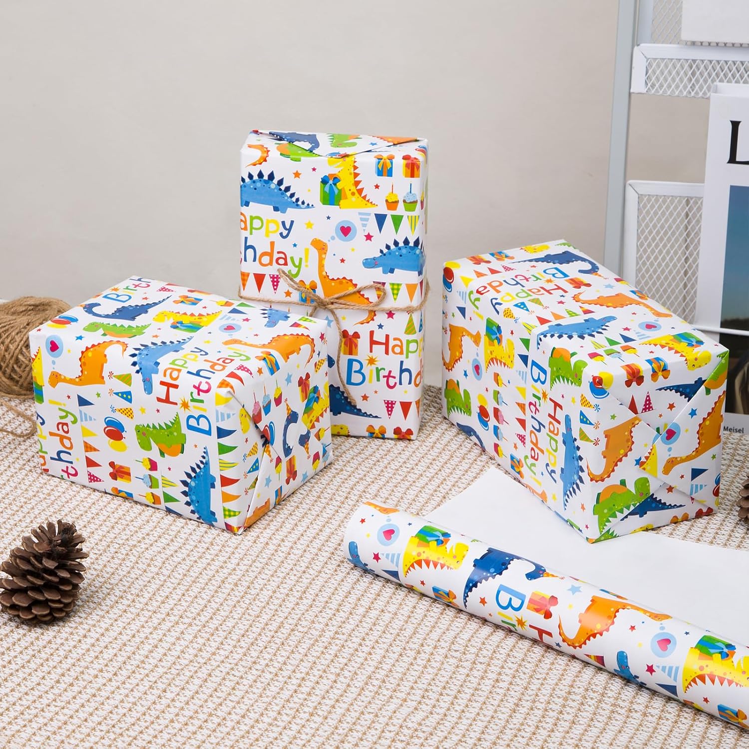 Dinosaur Wrapping Paper Rolls Colorful Text Happy Birthday Design Gift Wrapping Paper Roll for Kids Boys Girls Baby Dinosaur Gift Wrap for Birthday Bday Party Holiday Wrap - 17 Inch X 50 Feet