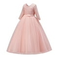 thumbnail image 2 of IBTOM CASTLE Flower Girls 3/4 Sleeve Deep V-Back Tulle Vintage Lace Wedding Party Long Dress Formal Princess Communion Pageant Maxi Gown 9-10 Years Pink, 2 of 8