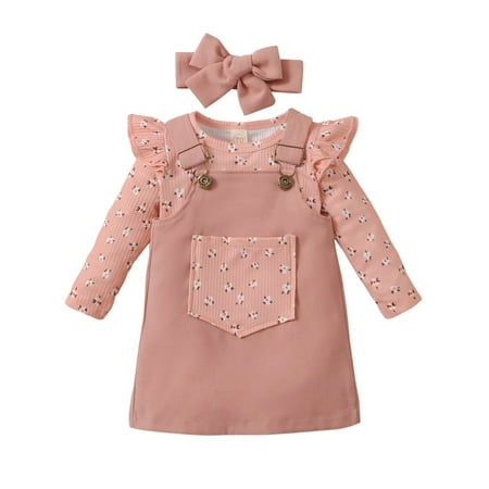 

Sunisery 3PCS Infant Newborn Baby Girls Pitted Long Sleeve O-Neck Solid Color Romper Suspender Skirt Pink 3-6 Months