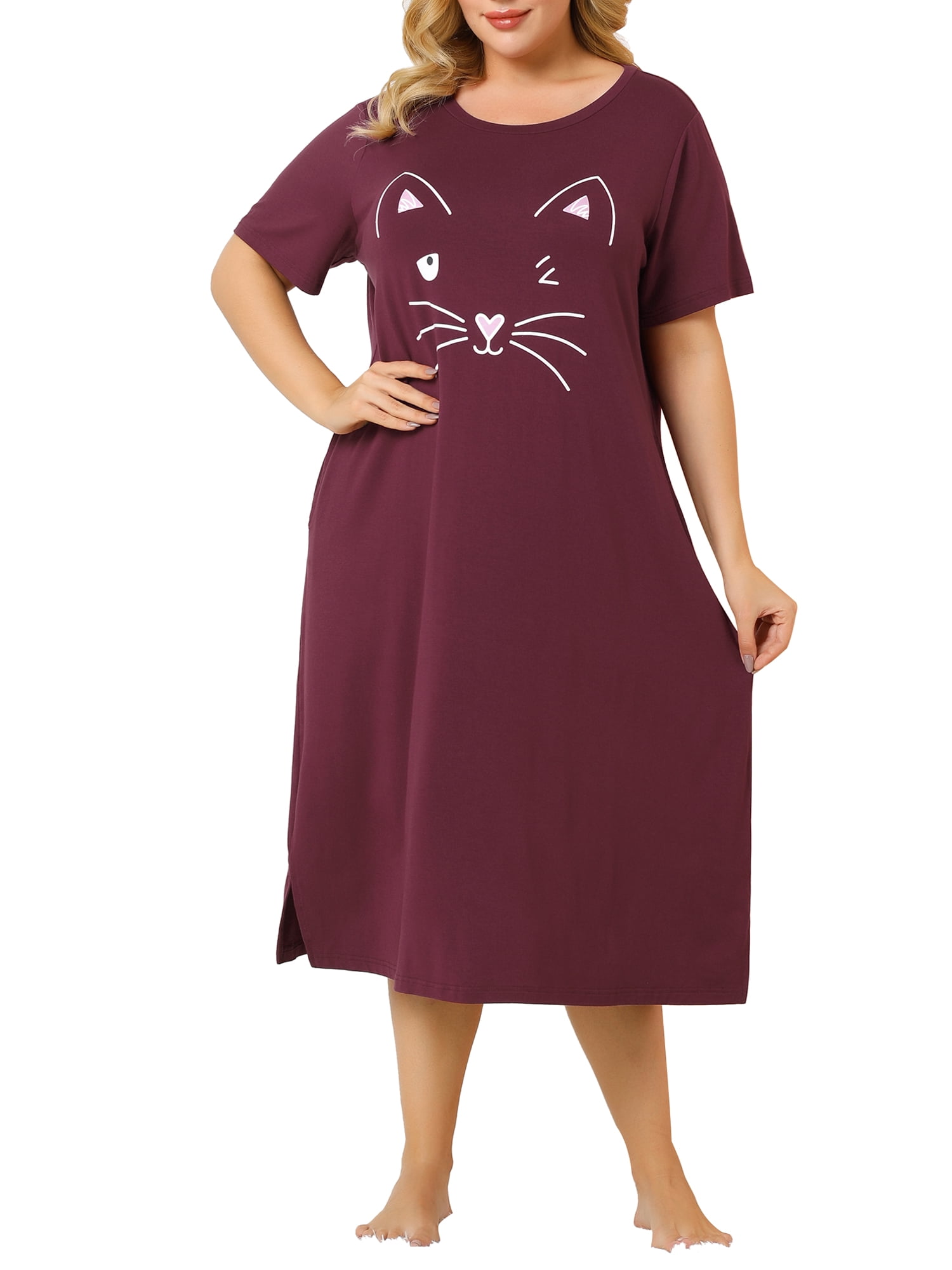 Unique Bargains Women's Plus Nightgown Short Sleeve Cat Print Nightshirt