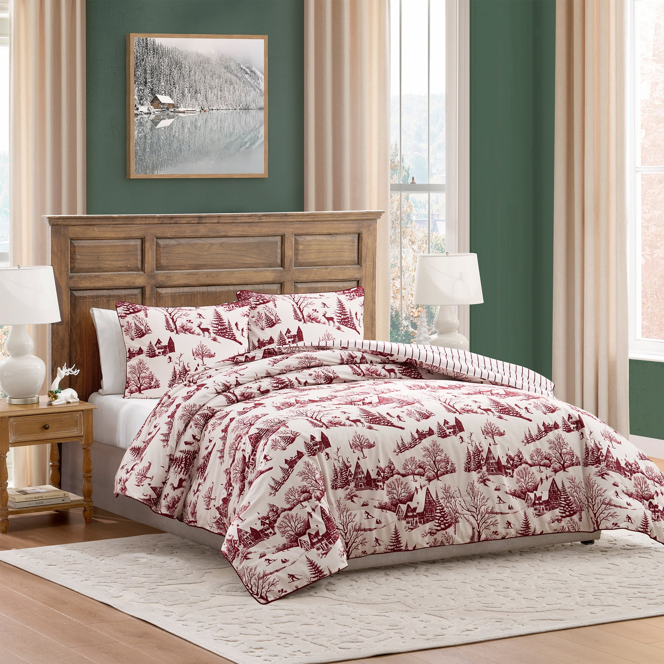 My Texas House Aurora 2-Piece Red Toile Velvet Adult Comforter Set, Twin/Twin XL