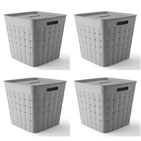 Your Zone Child and Teen Plastic Wide Weave Gray Stacking Storage Bin with Lid, 4 Pack