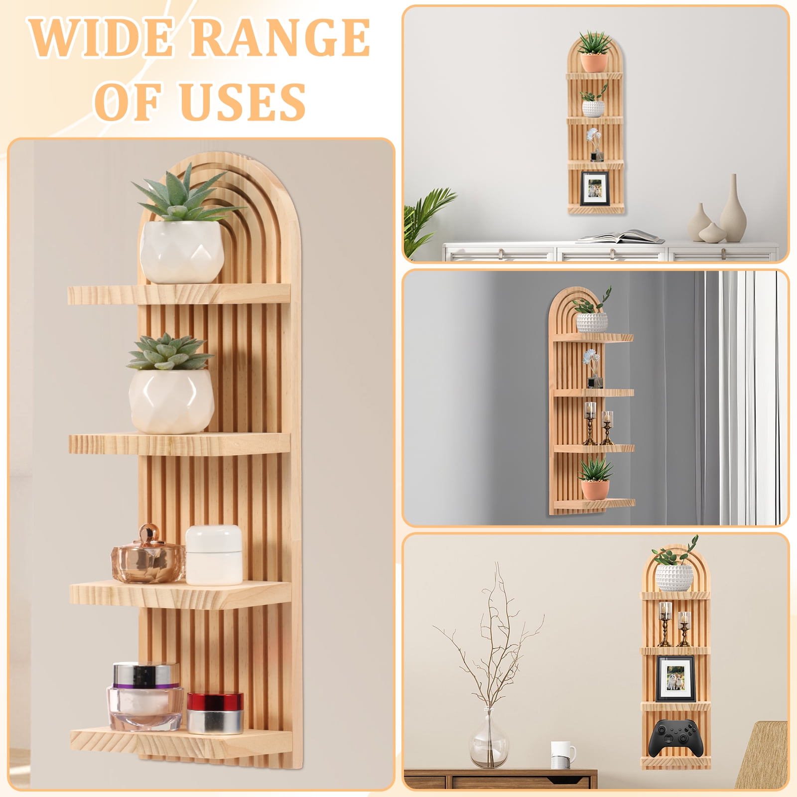 FKSZLL Boho Wall Shelf with Arched Wood Design Floating Shelf Mid-Century Rainbow Decor Wall Shelf for Home Bedroom Living Room Bathroom Office, 18.9 x 5.7 x 4.33 Inch, 4 Tier