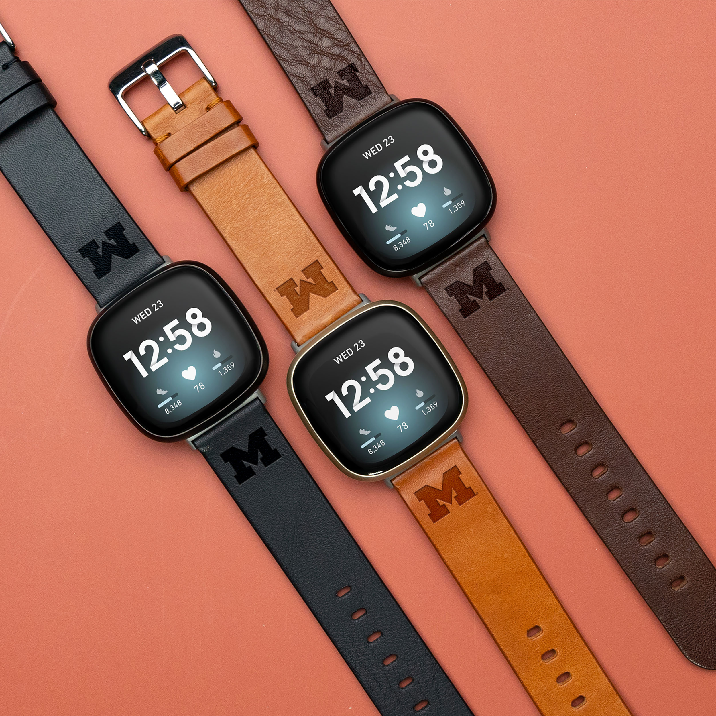 Michigan Premium Leather Unisex Watch Band for FitBit Versa 3 and Sense (Short Black) by Affinity Bands