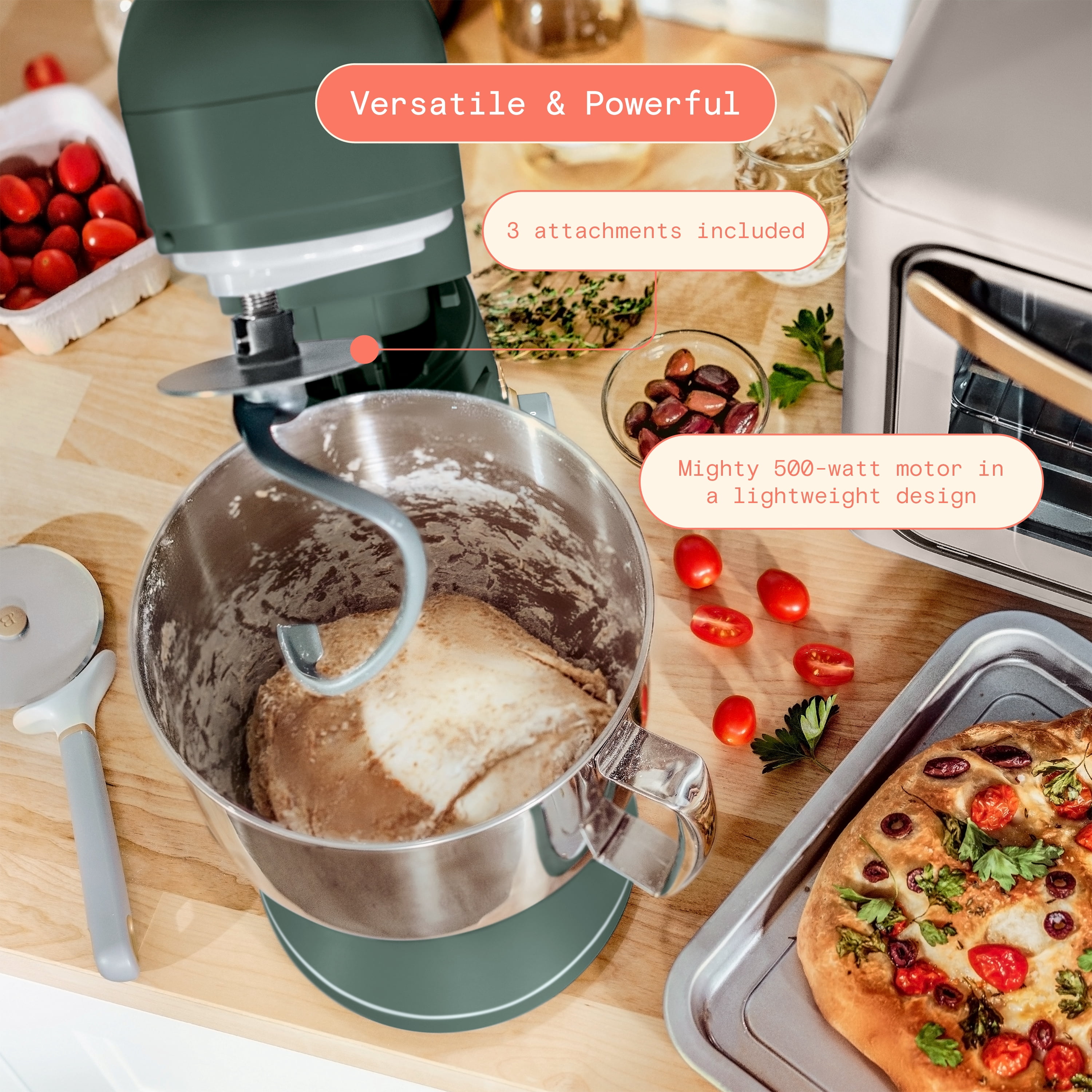 Beautiful 5.3 Qt Tilt-Head Stand Mixer with Flat Beater, Dough Hook & Balloon Whisk, Thyme Green and Hydrangea by Drew Barrymore