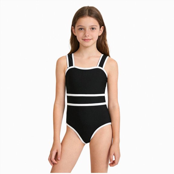 Bosanter Girls Swimsuit One Piece Swimsuits Athletic Swimwear Breathable Stylish Hawaii Swimwear Beach Bathing Suit, Black 13-14Y