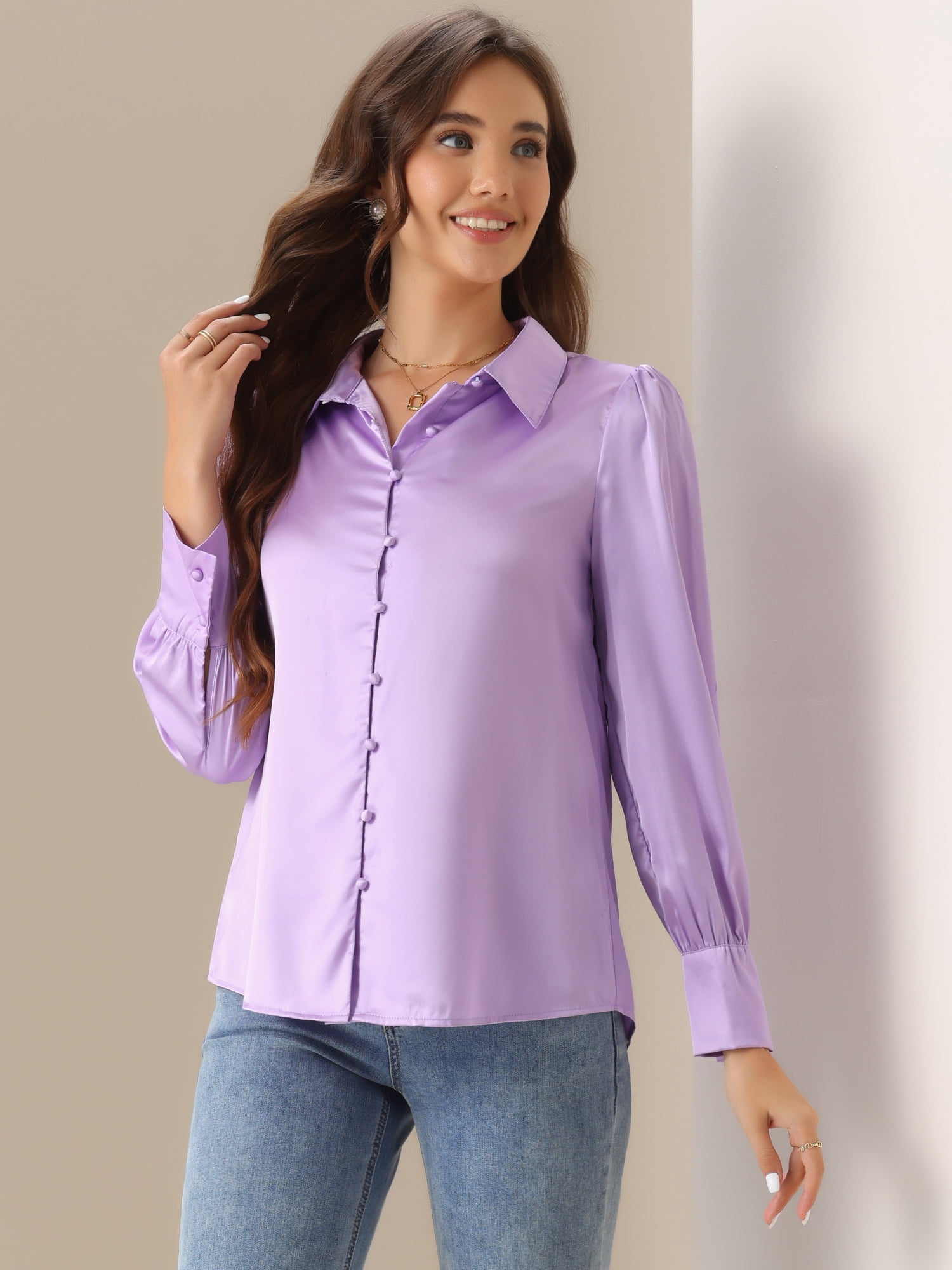 DARING DIVA Turn Down Collar Puff Sleeve Work Shirt XS Light Purple