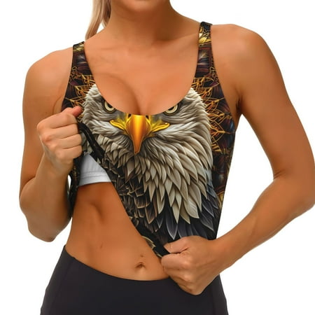 Qokaie Vintage Pattern Bald Eagle Pattern Womens Scoop Neck Sports Bra Breathable Workout Vest Padded U Back Medium Impact Fitness Gym Yoga Bra Workout Crop Top