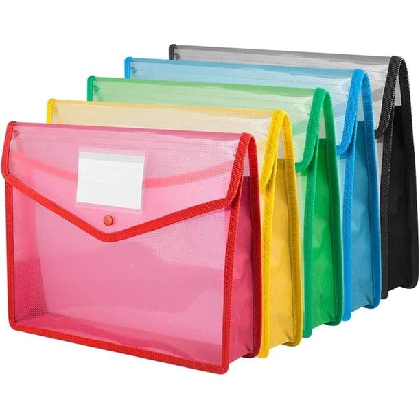 5 carteras de plástico A4 transparentes con botón a presión, gran capacidad, carpeta de documentos, bolsillos, sobres de archivo con cierre de botón a presión y bolsillo (5 colores) JAMW Sencillez