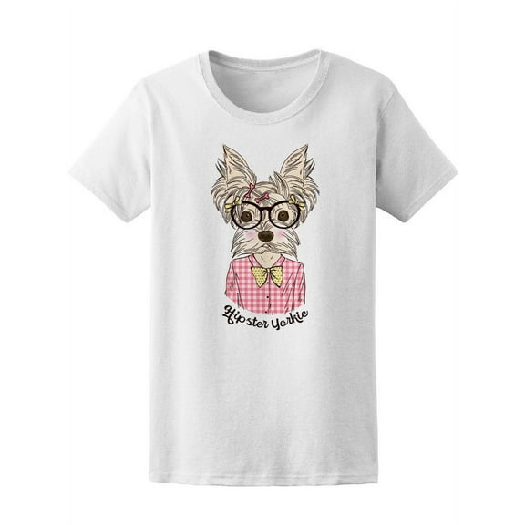 Cute Hipster Yorkie Terrir Dog T-Shirt Women -Image by Shutterstock, Female XX-Large