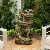 Alpine 39" Outdoor Multi-Tier Stone Tower Waterfall Electric Fountain with LED Lights