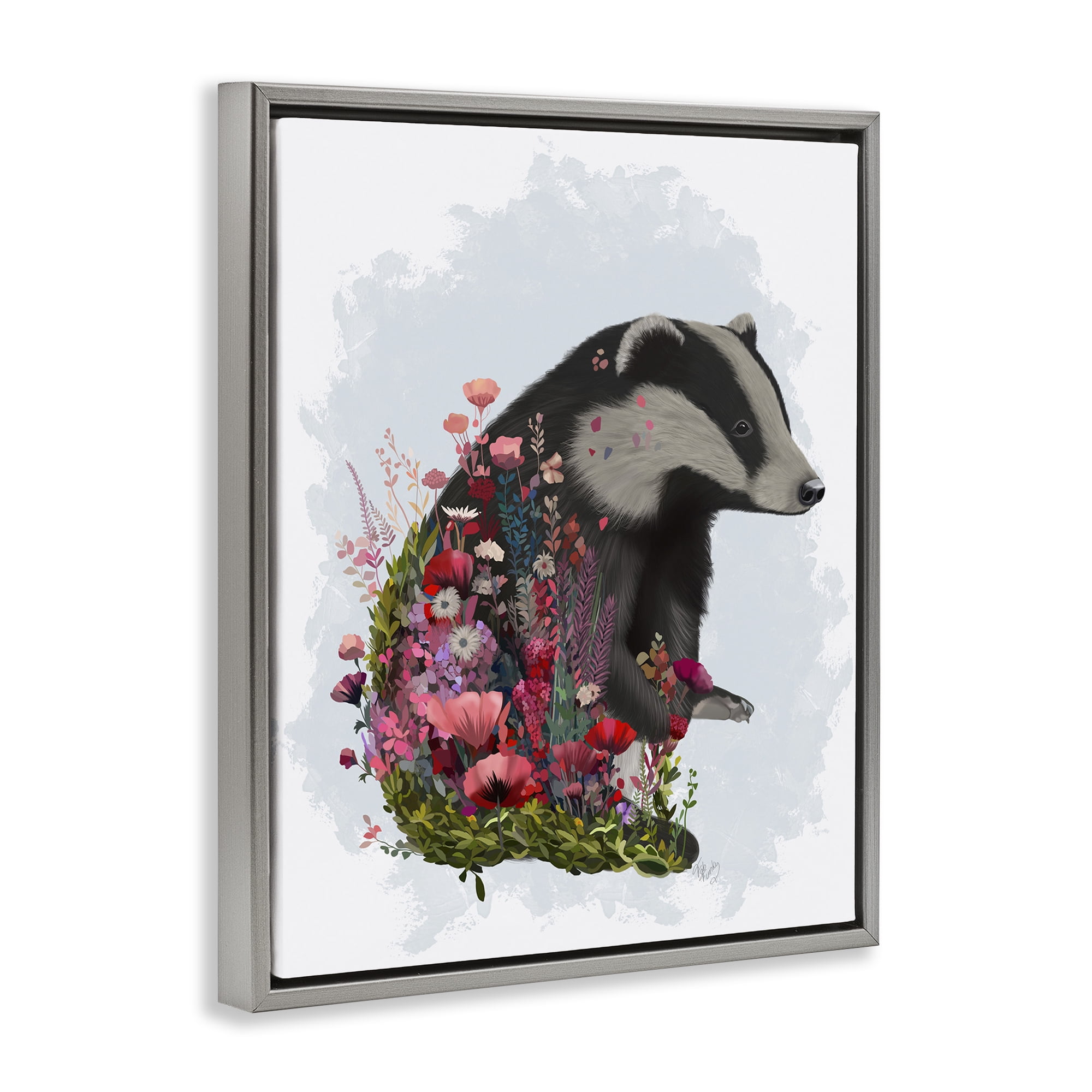 Stupell Industries Badger with Garden Blooms Botanical & Floral Painting Gray Floater Framed Canvas Art Print Wall Art, 17 x 21